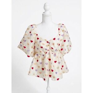 Blakely Heart‎ Jacquard Puff Sleeve Peplum Top White Red Gold Sweetheart Neck
